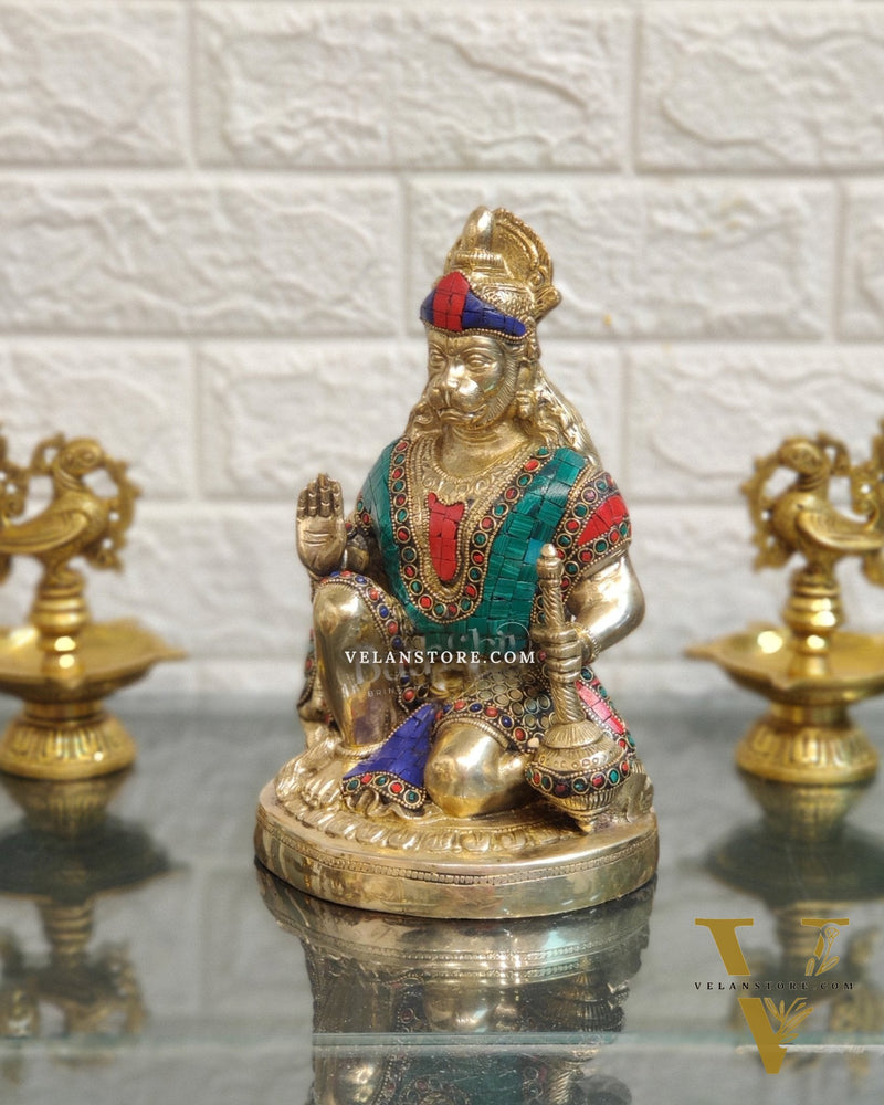 Divine Hanuman Idol in Pure Brass with Stonework 9"