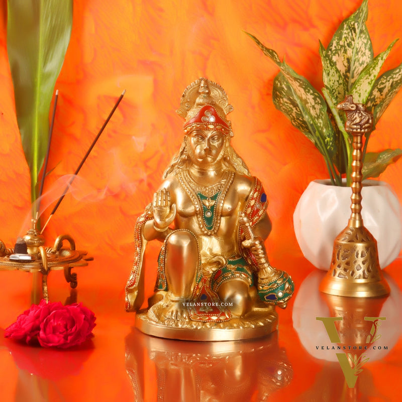 Divine Hanuman Idol in Pure Brass with Stonework 9 inch
