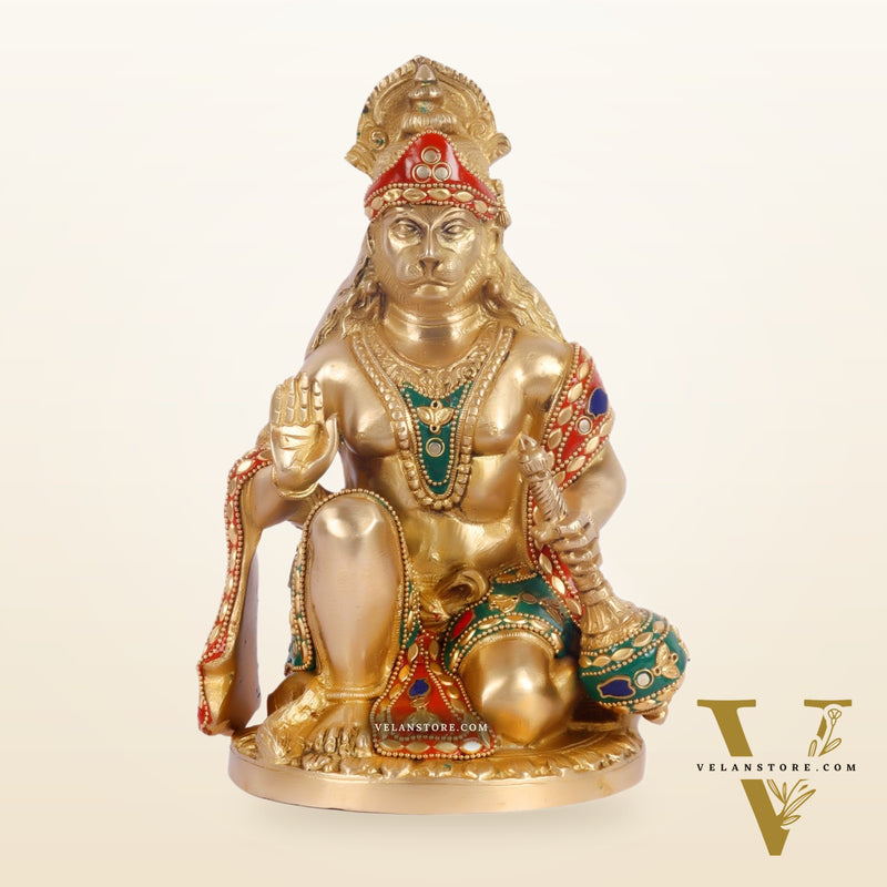 Divine Hanuman Idol in Pure Brass with Stonework 9 inch