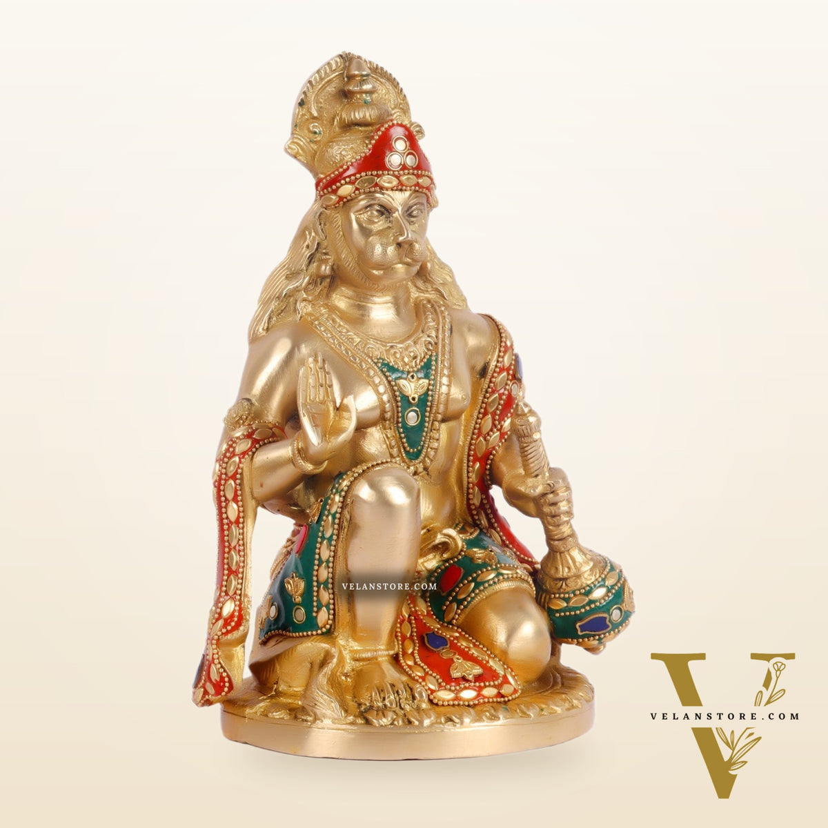 Divine Hanuman Idol in Pure Brass with Stonework 9 inch