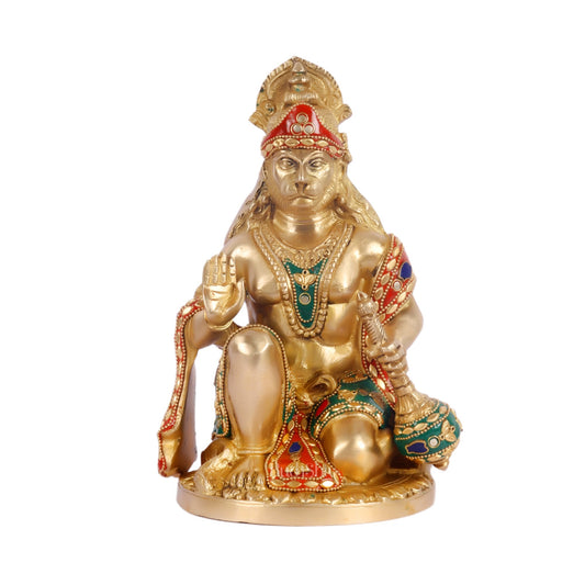 Divine Hanuman Idol in Pure Brass with Stonework 9 inch