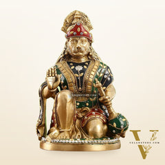 Divine Hanuman Idol in Pure Brass with Stonework 9"