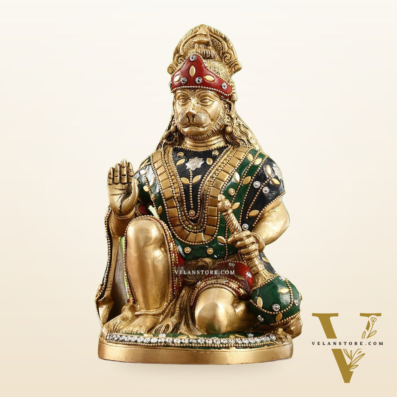 Divine Hanuman Idol in Pure Brass with Stonework 9"