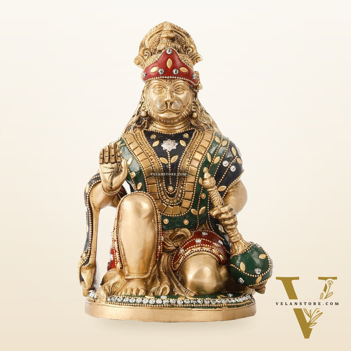 Divine Hanuman Idol in Pure Brass with Stonework 9"