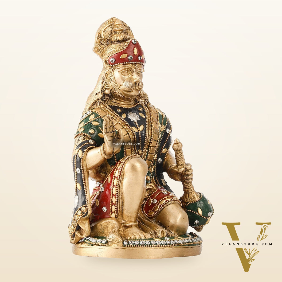 Divine Hanuman Idol in Pure Brass with Stonework 9"