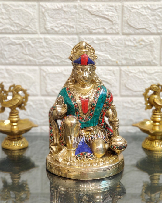 Divine Hanuman Idol in Pure Brass with Stonework 9"