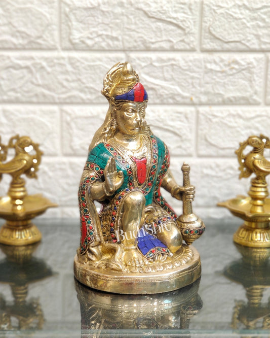Divine Hanuman Idol in Pure Brass with Stonework 9"