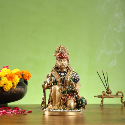 Divine Hanuman Idol in Pure Brass with Stonework 9"