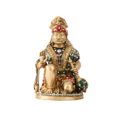 Divine Hanuman Idol in Pure Brass with Stonework 9"