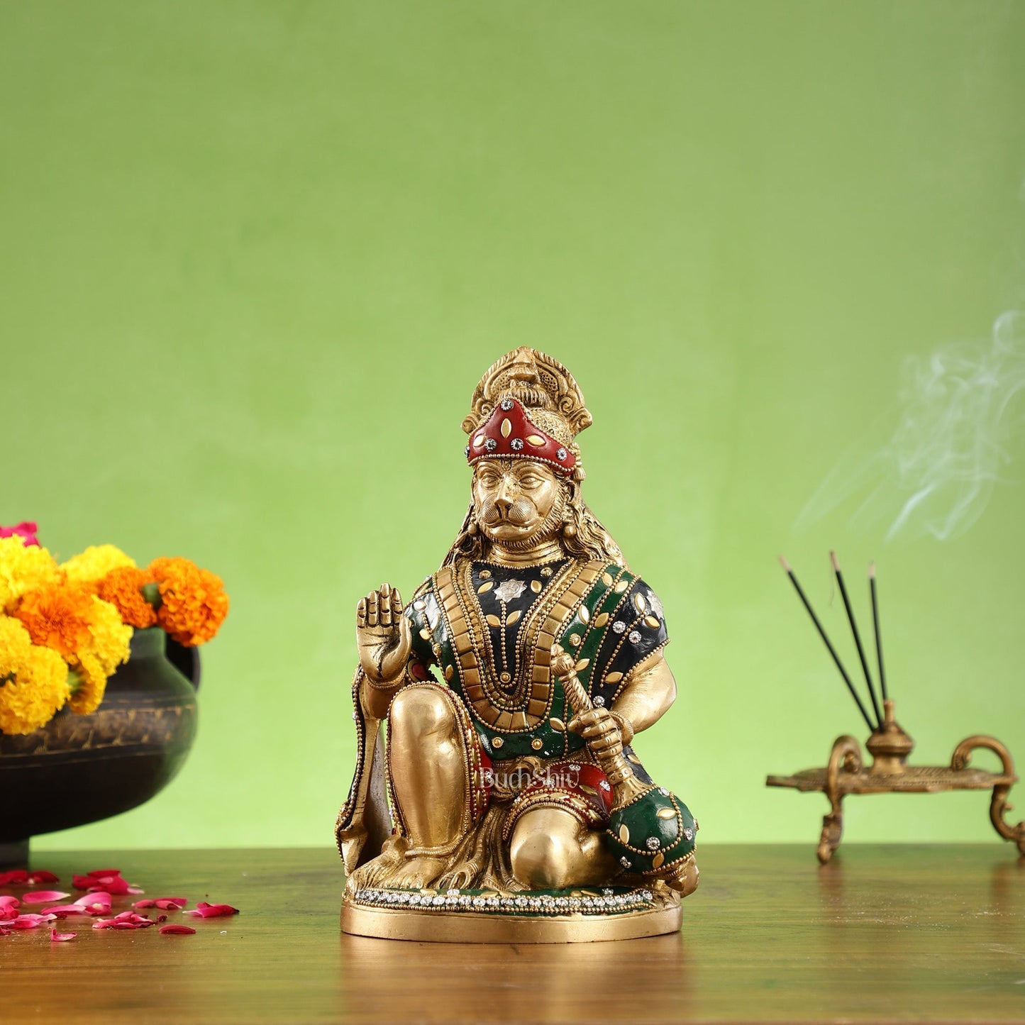 Divine Hanuman Idol in Pure Brass with Stonework 9"