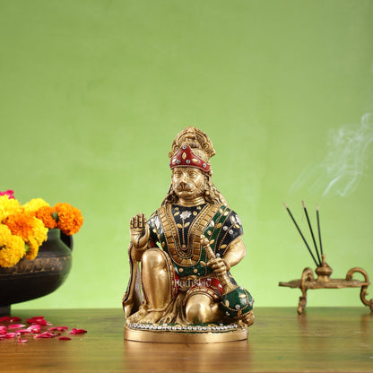 Divine Hanuman Idol in Pure Brass with Stonework 9"