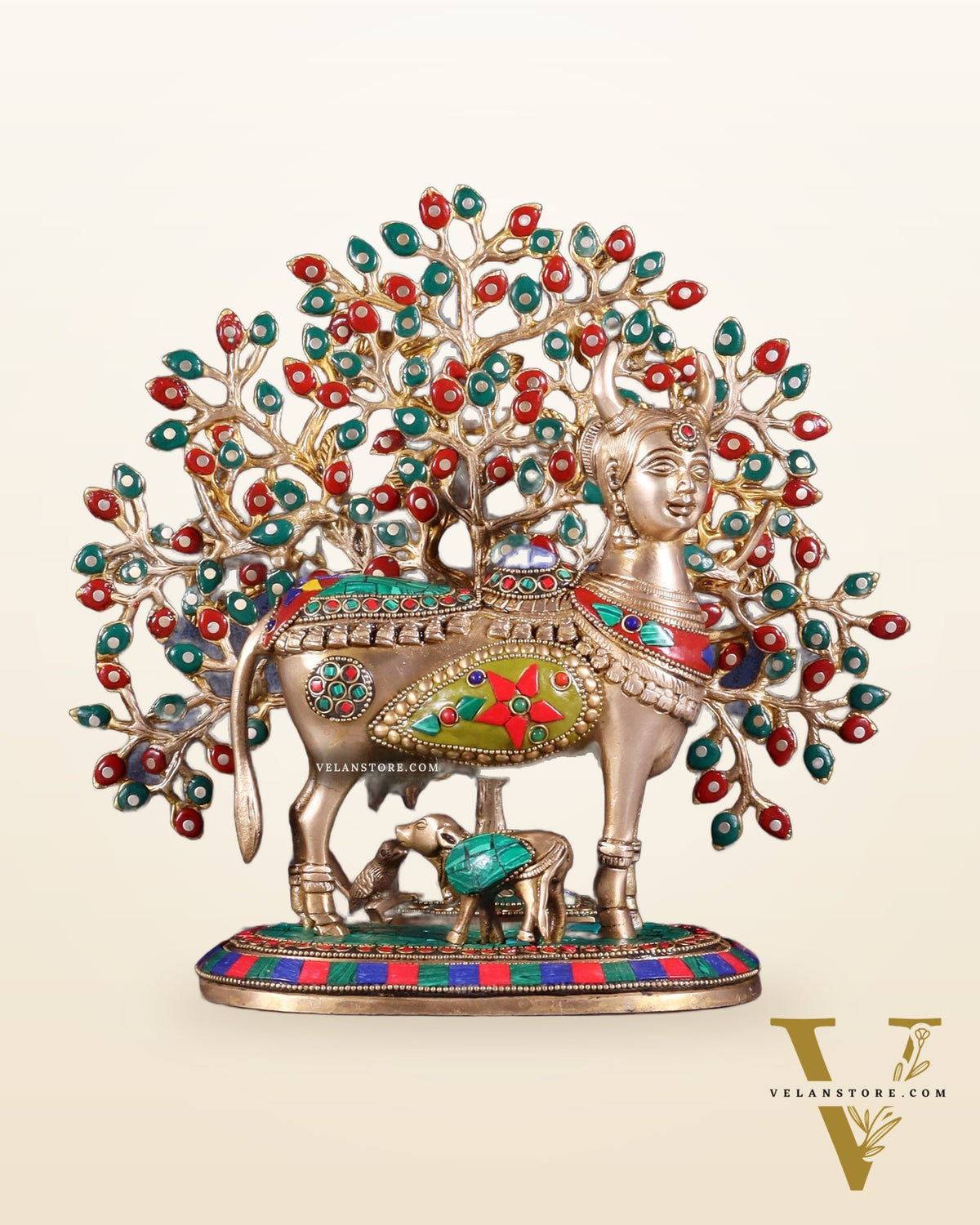 Divine Kamdhenu Cow with Calf and Kalpavriksha Tree – Brass Idol with Meenakari Work 11"