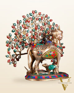 Divine Kamdhenu Cow with Calf and Kalpavriksha Tree – Brass Idol with Meenakari Work 11"