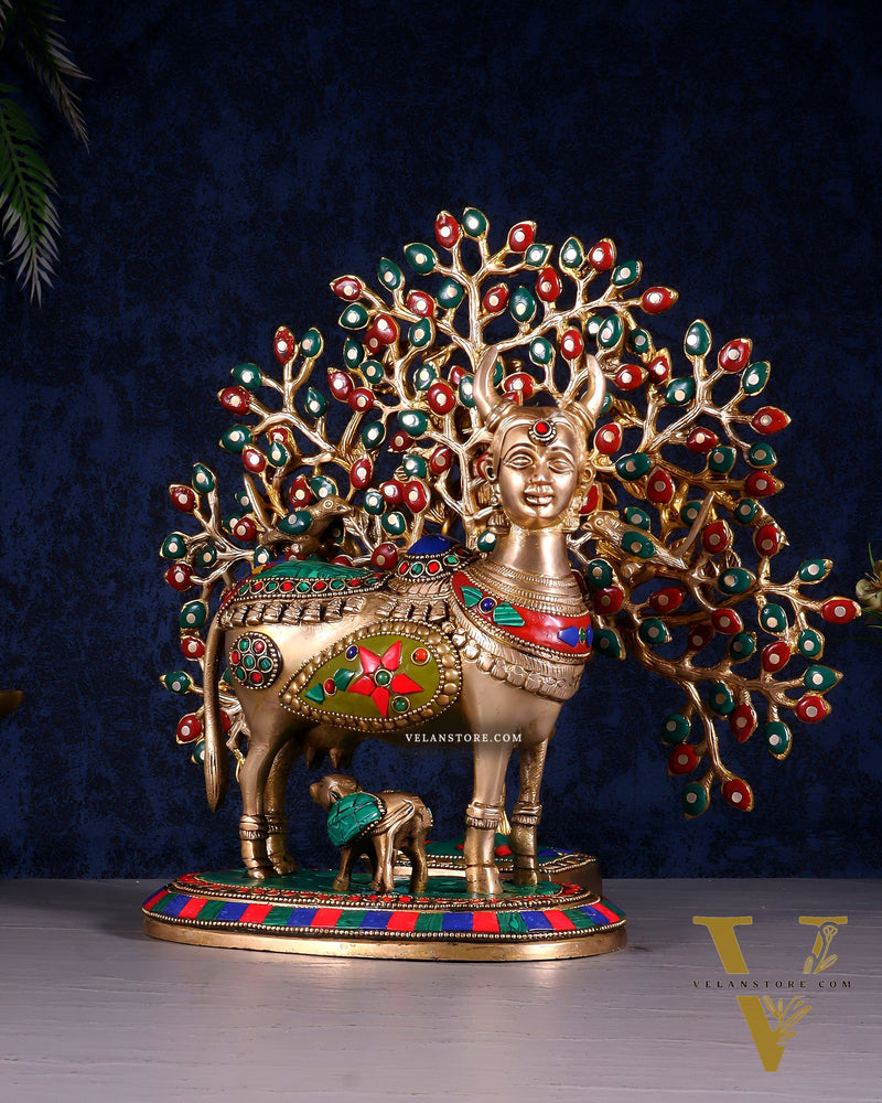 Divine Kamdhenu Cow with Calf and Kalpavriksha Tree – Brass Idol with Meenakari Work 11"