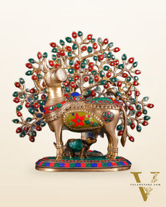 Divine Kamdhenu Cow with Calf and Kalpavriksha Tree – Brass Idol with Meenakari Work 11"