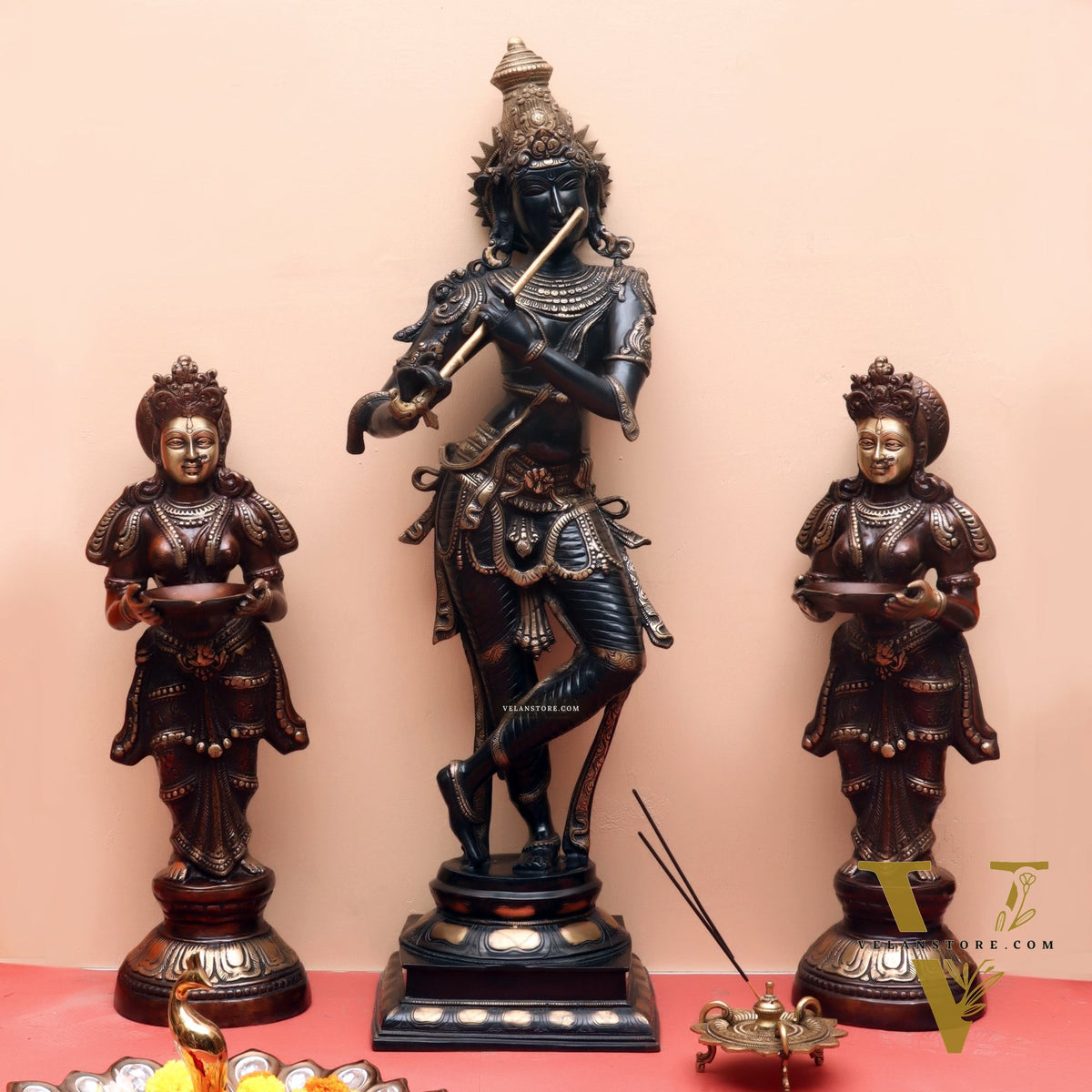 Divine Krishna Brass Statue | Superfine Brass | Black and Gold | 35 inch