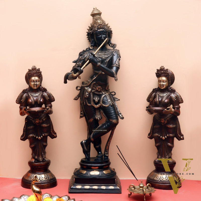 Divine Krishna Brass Statue | Superfine Brass | Black and Gold | 35 inch