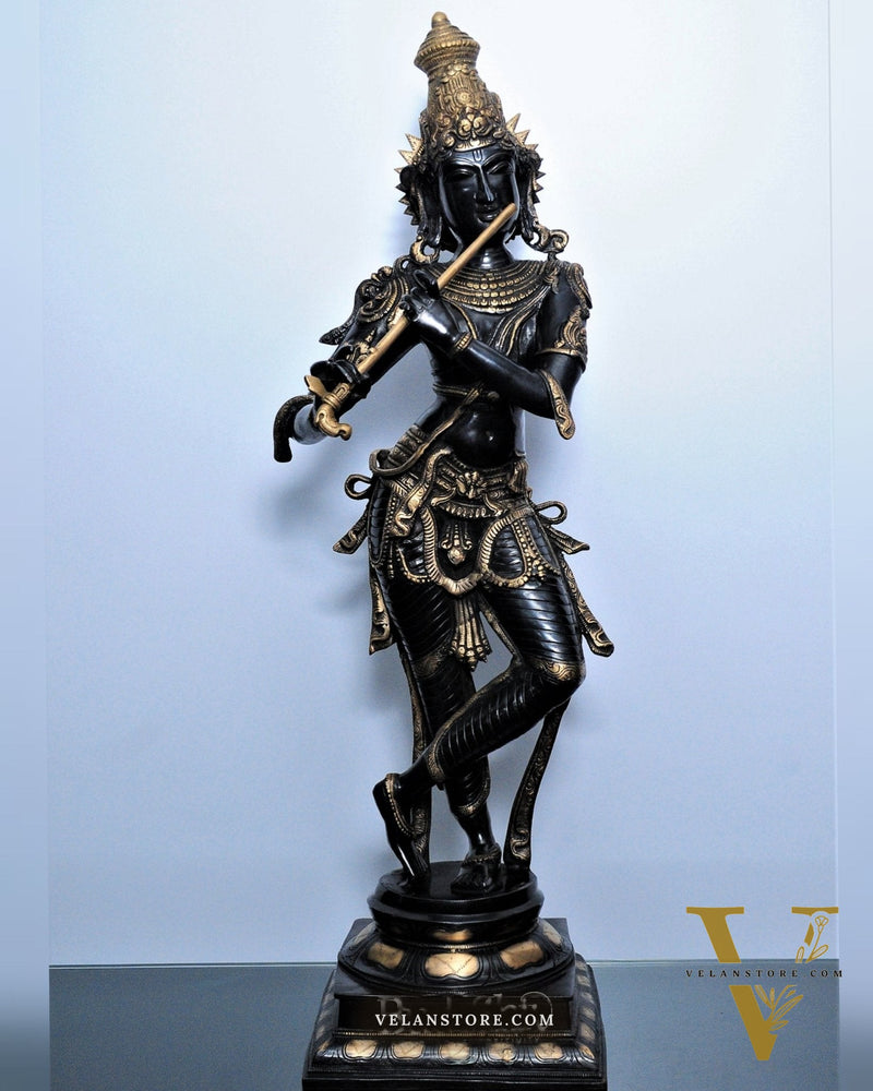 Divine Krishna Brass Statue | Superfine Brass | Black and Gold | 35 inch