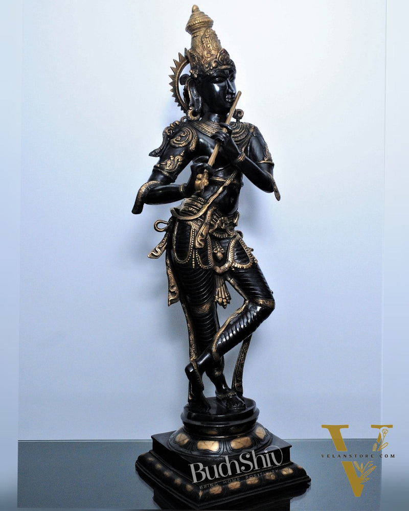 Divine Krishna Brass Statue | Superfine Brass | Black and Gold | 35 inch