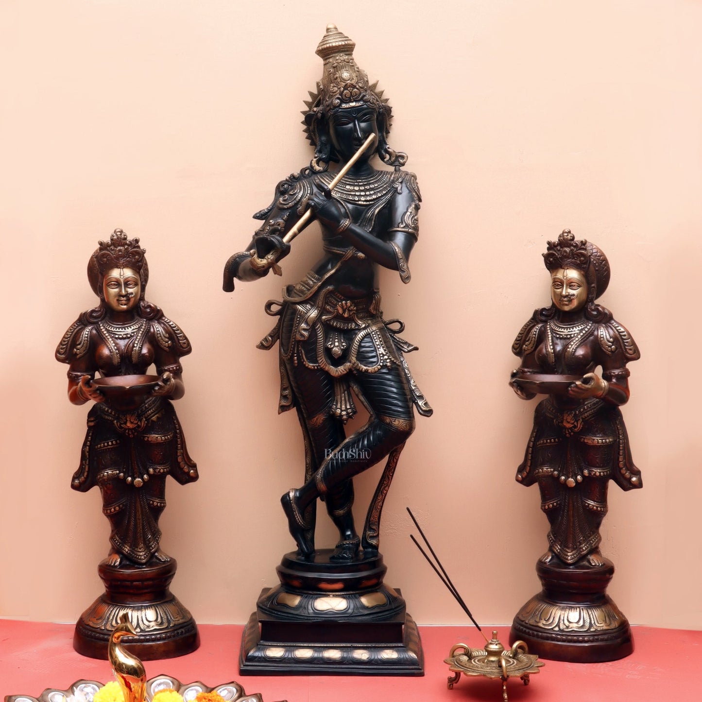 Divine Krishna Brass Statue | Superfine Brass | Black and Gold | 35 inch