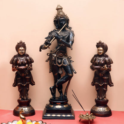 Divine Krishna Brass Statue | Superfine Brass | Black and Gold | 35 inch
