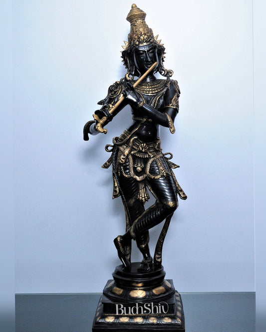 Divine Krishna Brass Statue | Superfine Brass | Black and Gold | 35 inch