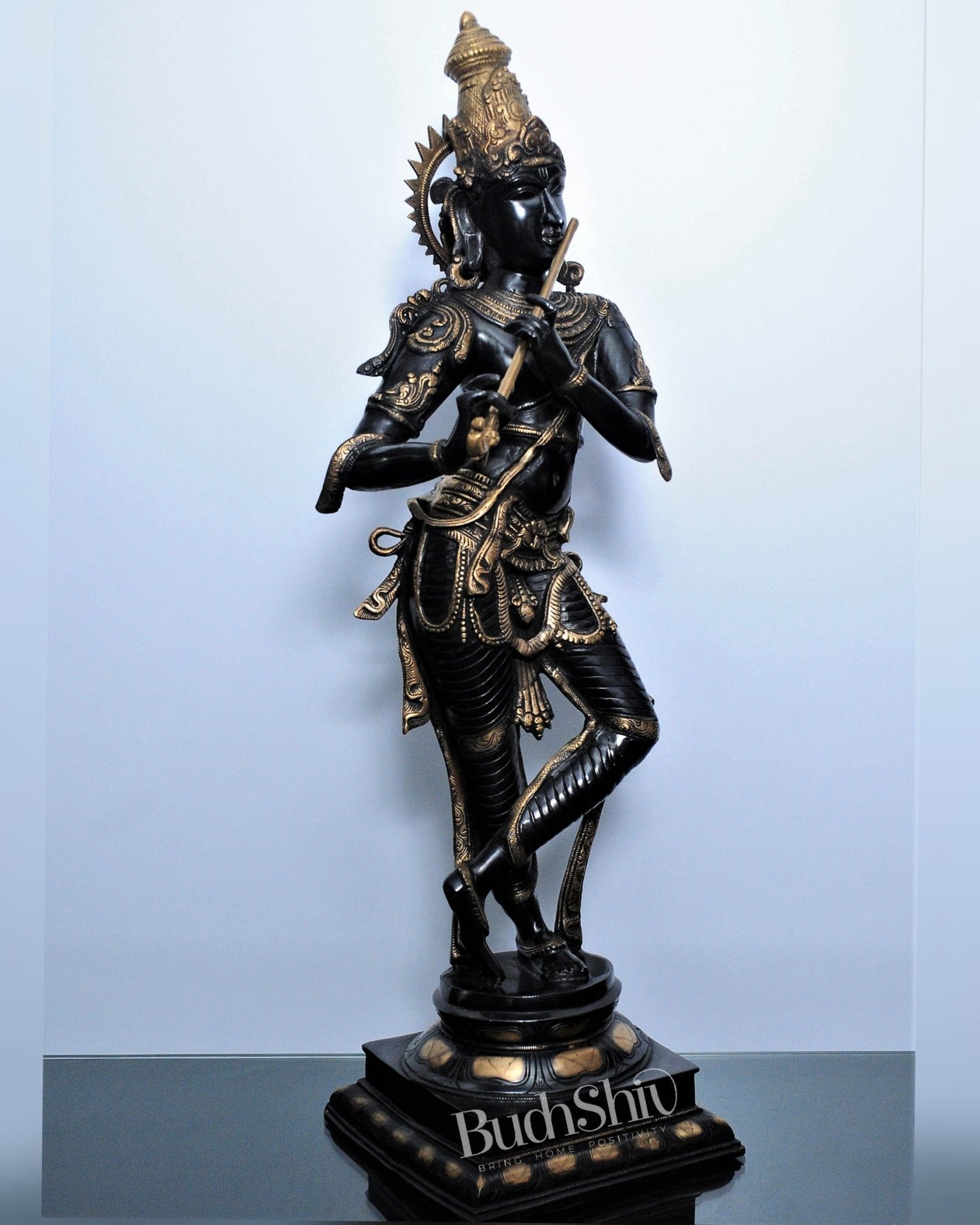 Divine Krishna Brass Statue | Superfine Brass | Black and Gold | 35 inch