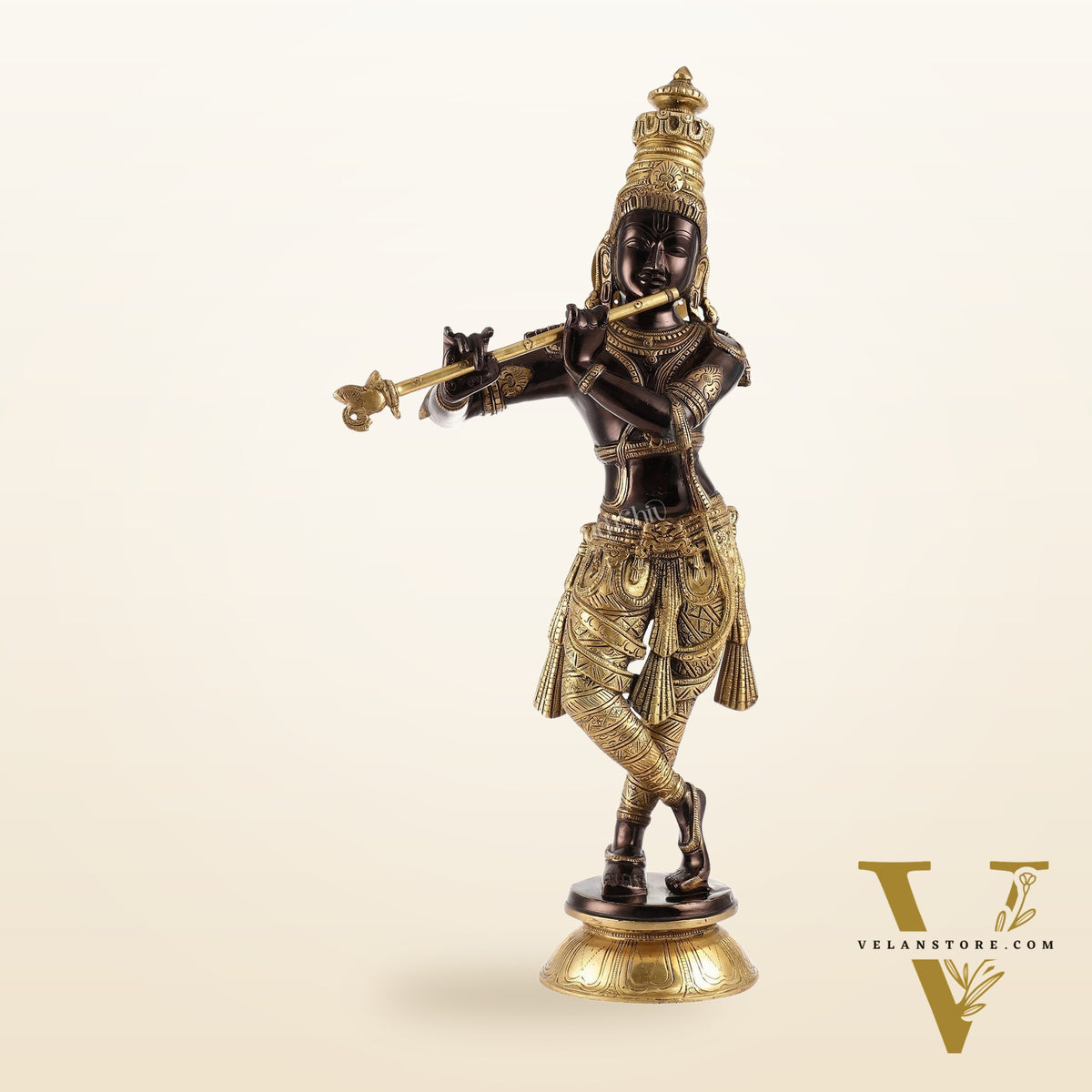 Divine Krishna Idol | Handmade in Superfine Brass| Black and Golden 2 feet