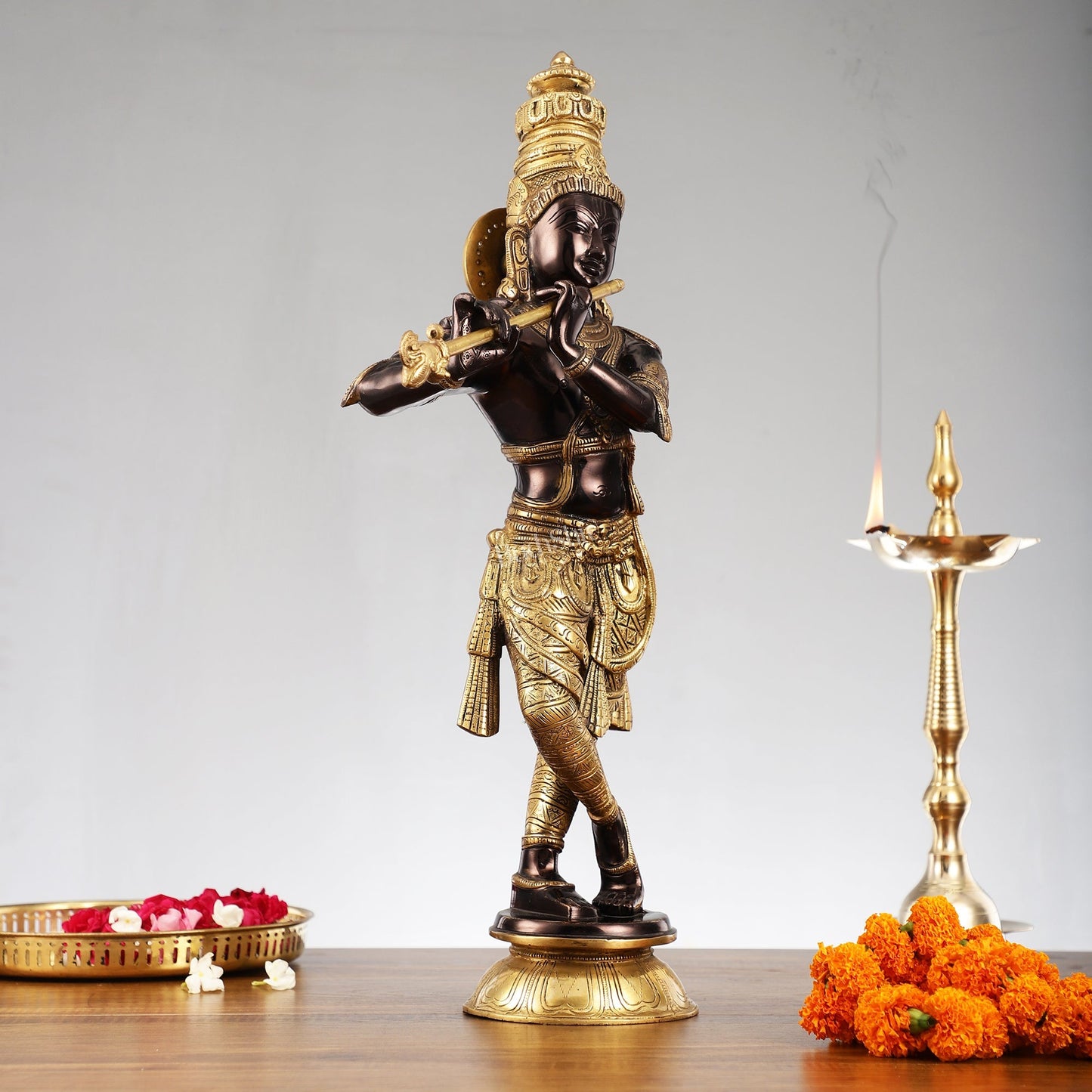 Divine Krishna Idol | Handmade in Superfine Brass| Black and Golden 2 feet