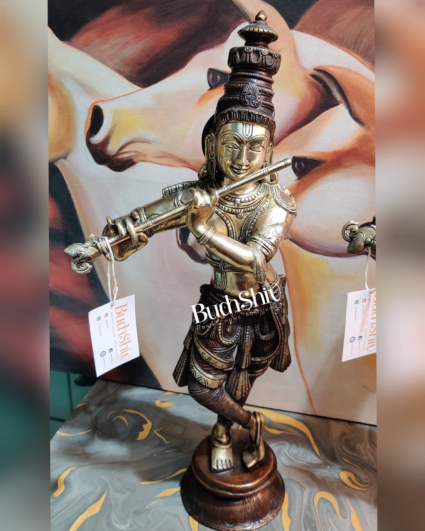 Divine Krishna Idol | Handmade in Superfine Brass | Unique Crown 23 inch
