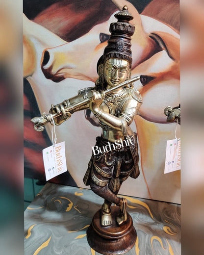 Divine Krishna Idol | Handmade in Superfine Brass | Unique Crown 23 inch