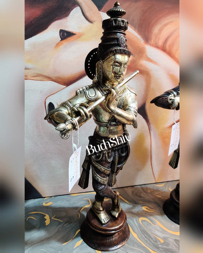 Divine Krishna Idol | Handmade in Superfine Brass | Unique Crown 23 inch