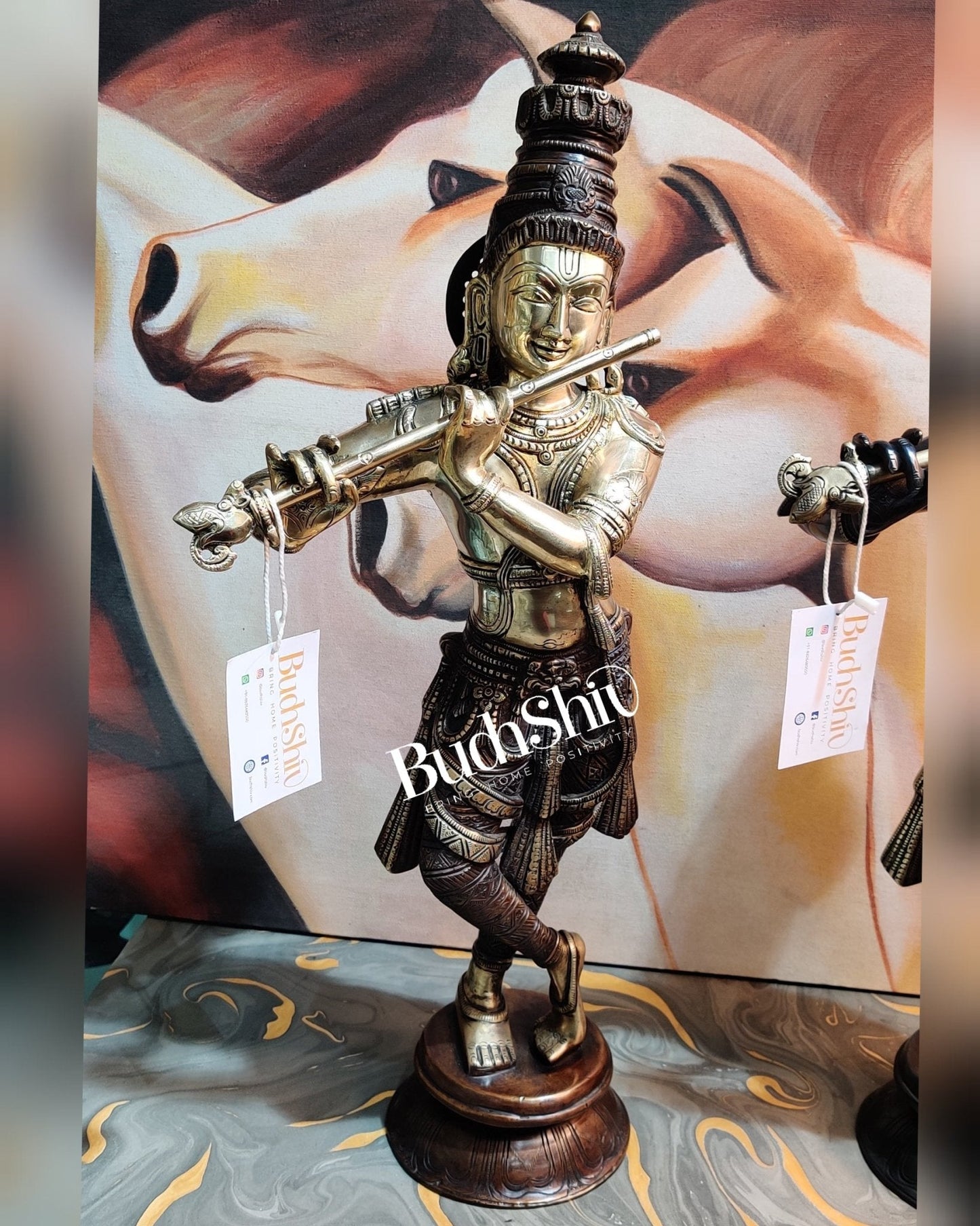 Divine Krishna Idol | Handmade in Superfine Brass | Unique Crown 23 inch
