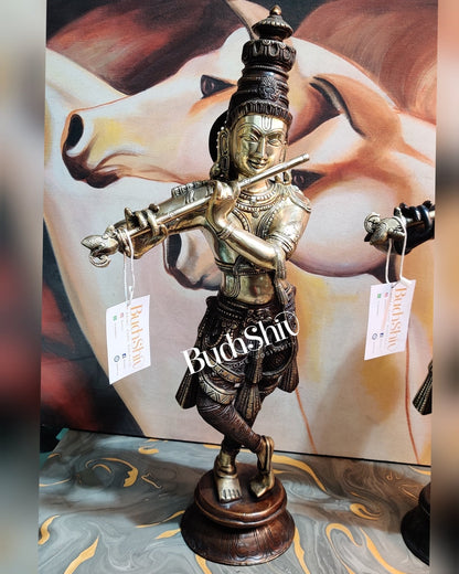 Divine Krishna Idol | Handmade in Superfine Brass | Unique Crown 23 inch