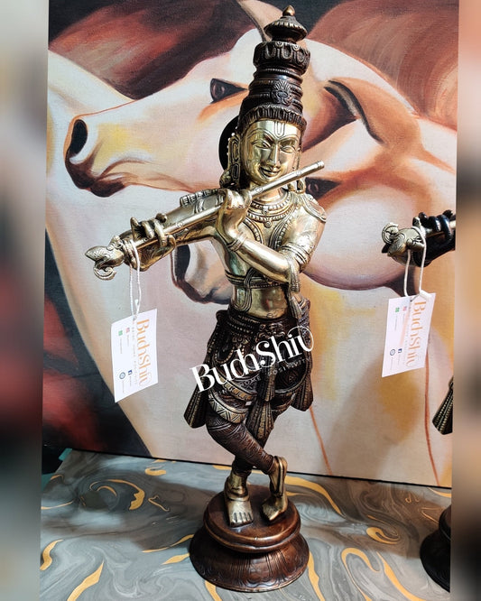 Divine Krishna Idol | Handmade in Superfine Brass | Unique Crown 23 inch