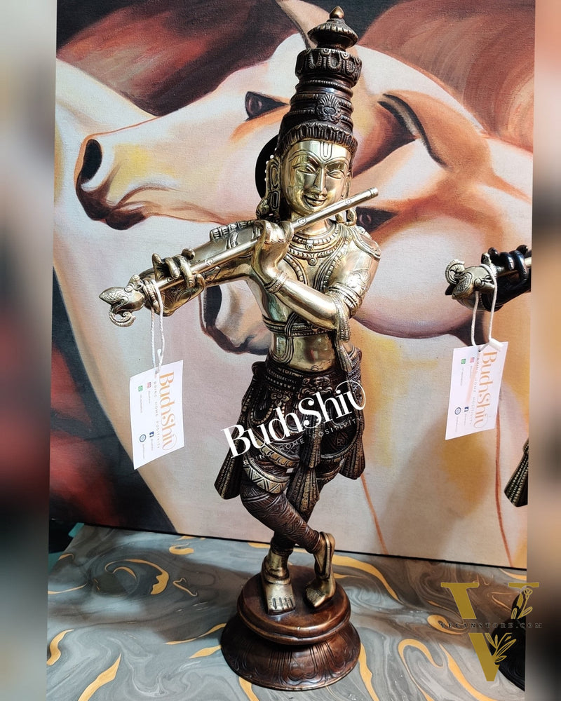 Divine Krishna Idol | Handmade in Superfine Brass | Unique Crown 23 inch