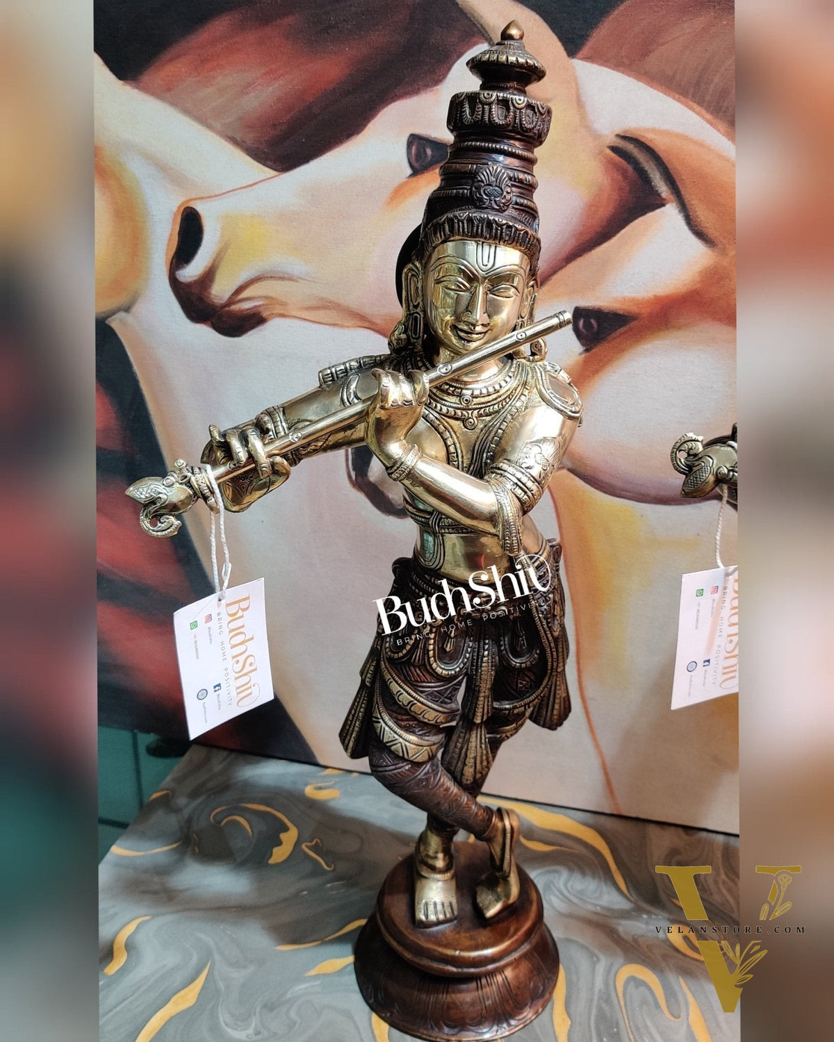 Divine Krishna Idol | Handmade in Superfine Brass | Unique Crown 23 inch