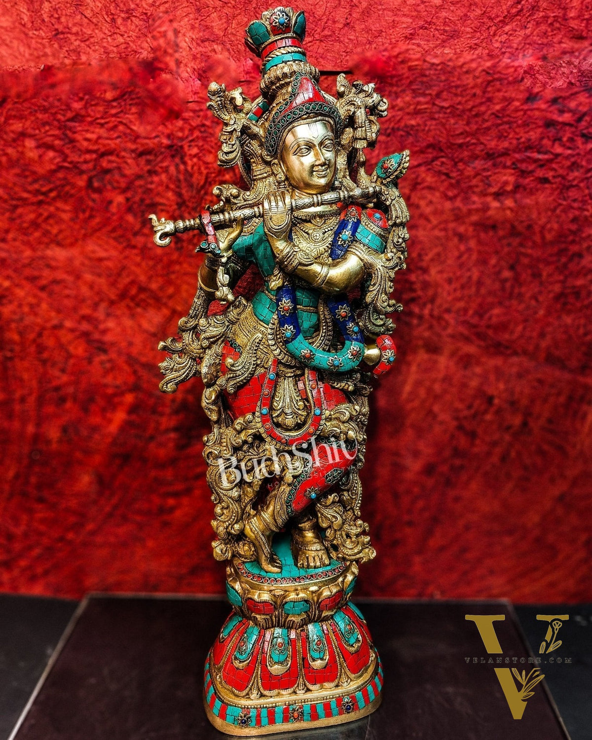 Divine Krishna Kanhaiya Brass Statue with Natural Stones | Height 29 inches