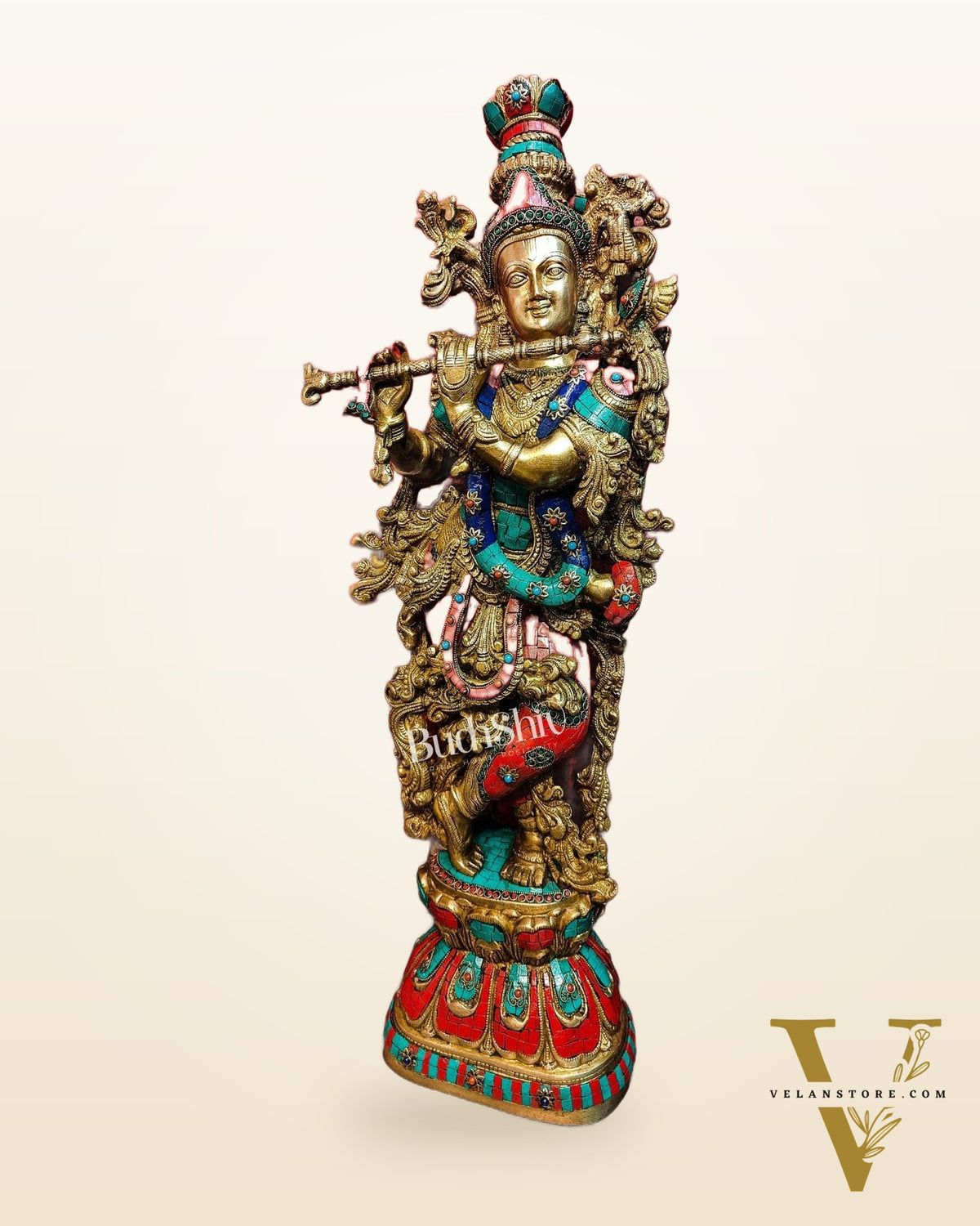Divine Krishna Kanhaiya Brass Statue with Natural Stones | Height 29 inches