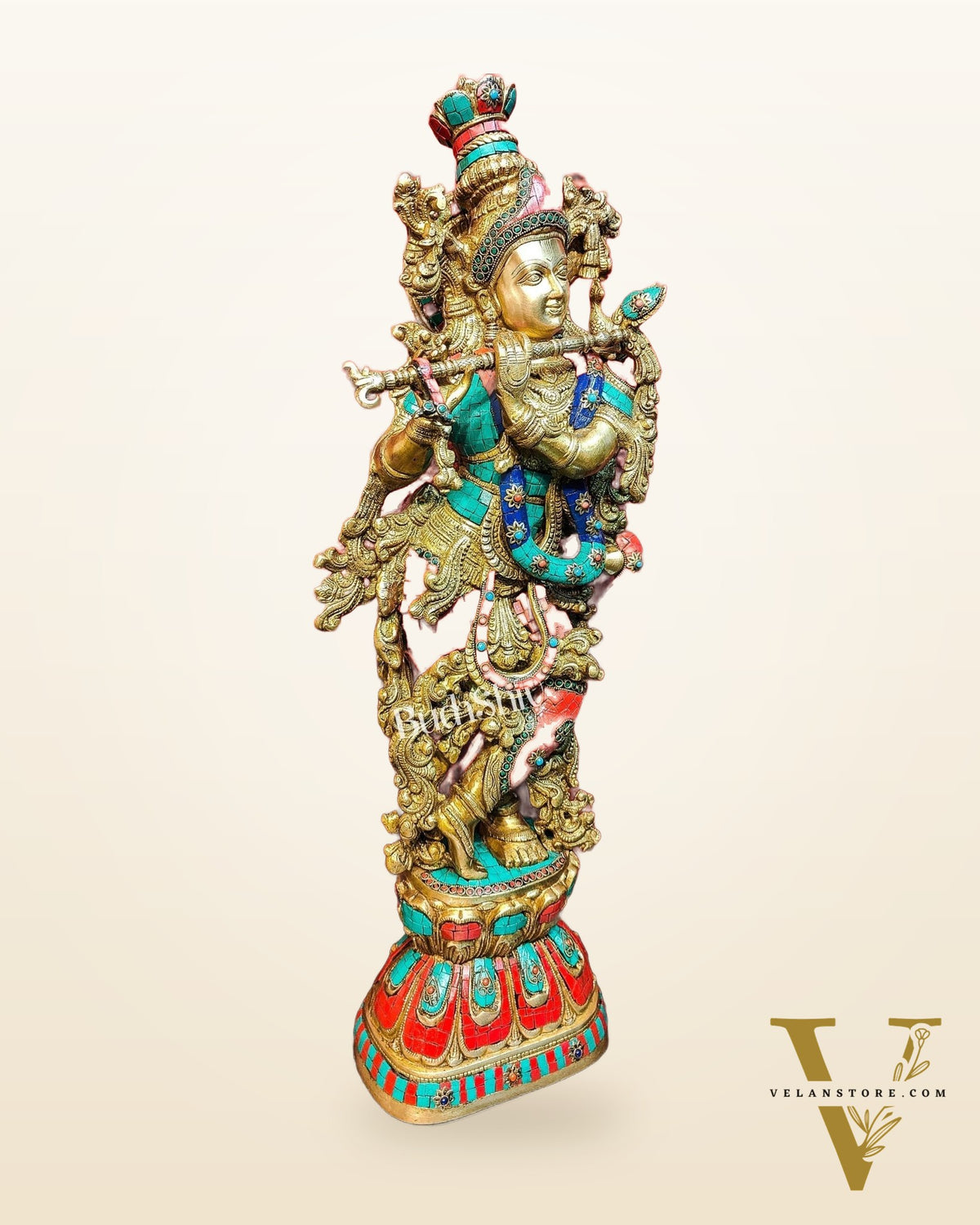 Divine Krishna Kanhaiya Brass Statue with Natural Stones | Height 29 inches