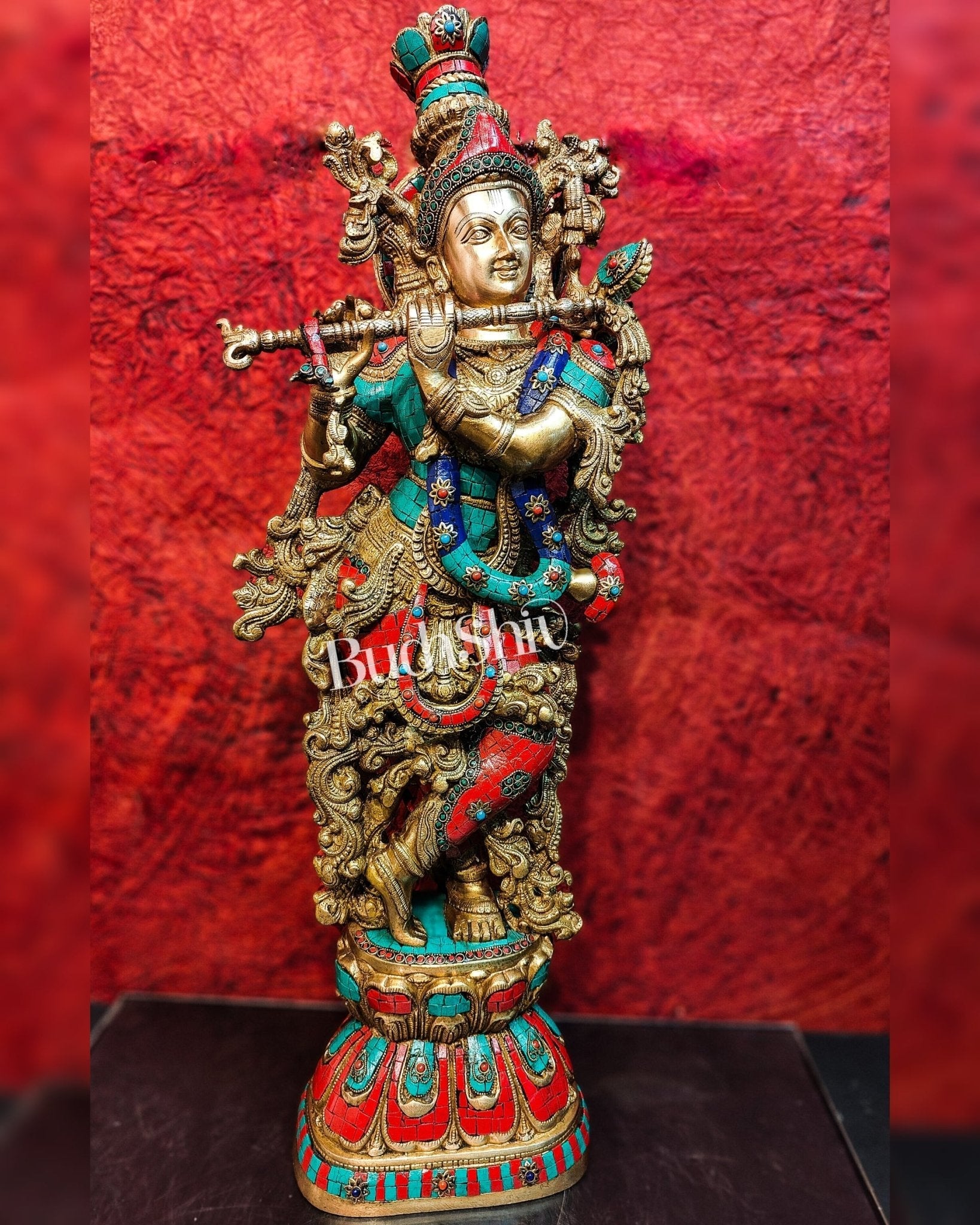 Divine Krishna Kanhaiya Brass Statue with Natural Stones | Height 29 inches