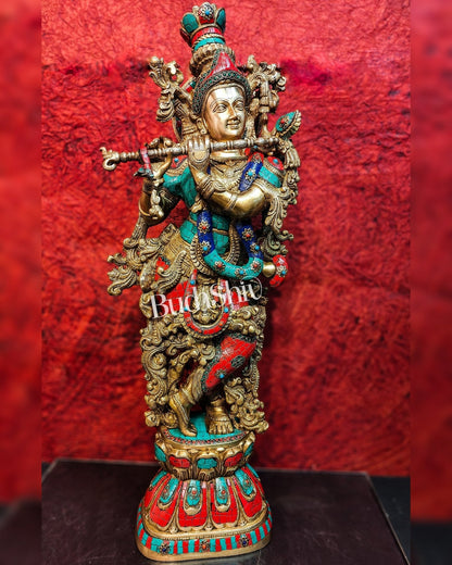 Divine Krishna Kanhaiya Brass Statue with Natural Stones | Height 29 inches
