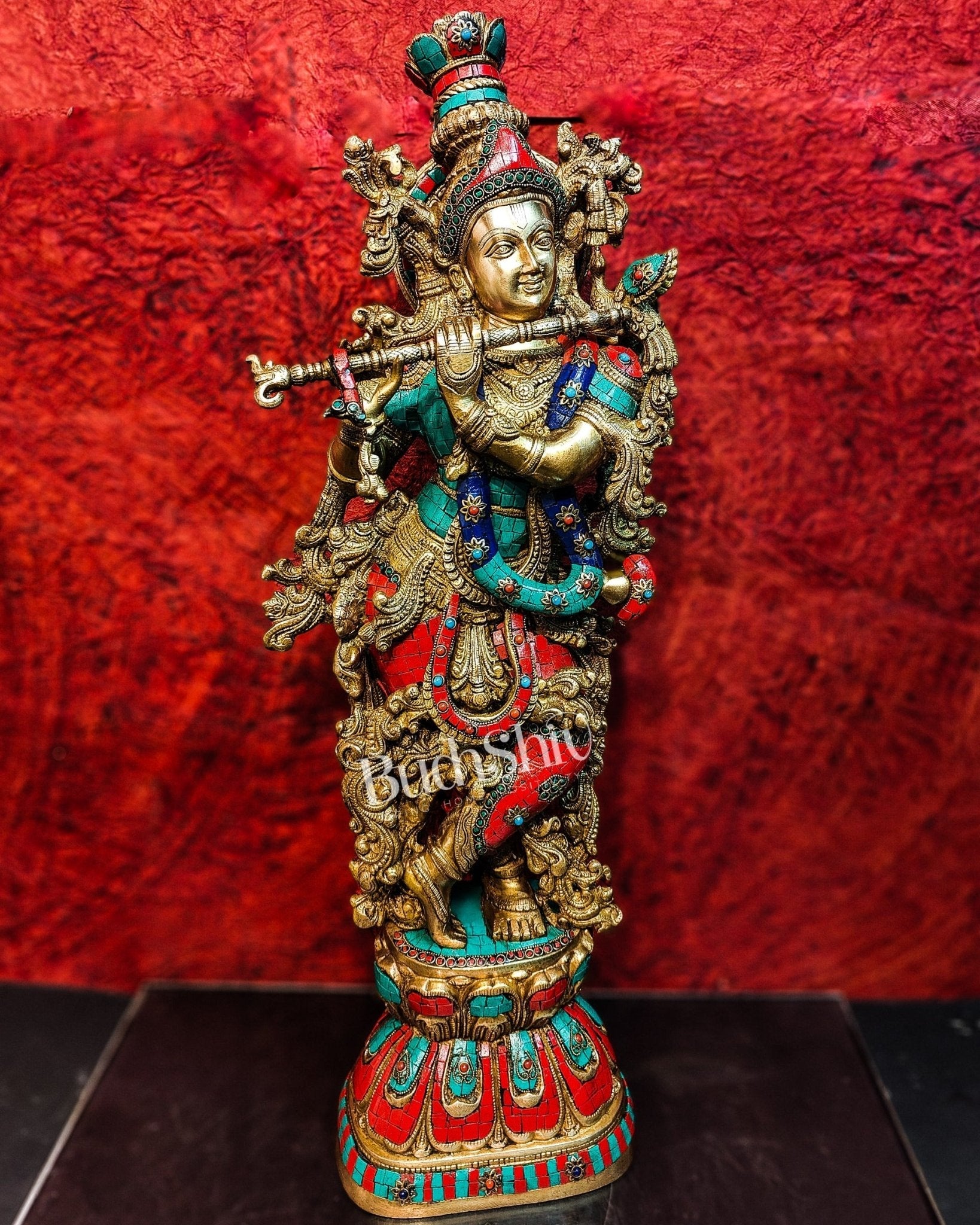 Divine Krishna Kanhaiya Brass Statue with Natural Stones | Height 29 inches
