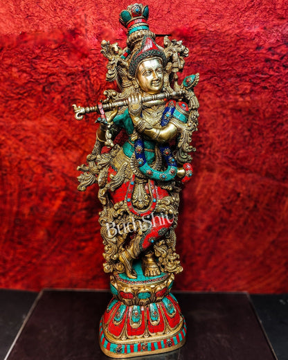 Divine Krishna Kanhaiya Brass Statue with Natural Stones | Height 29 inches