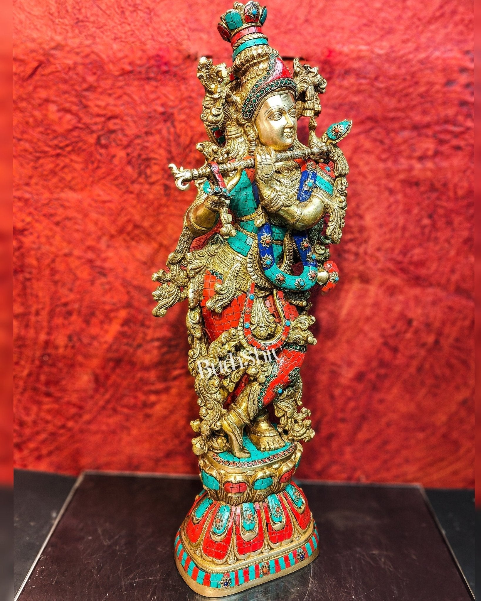 Divine Krishna Kanhaiya Brass Statue with Natural Stones | Height 29 inches