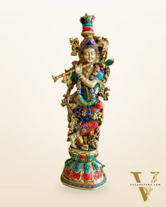 Divine Krishna Playing the Flute Statue with stonework 24 inch