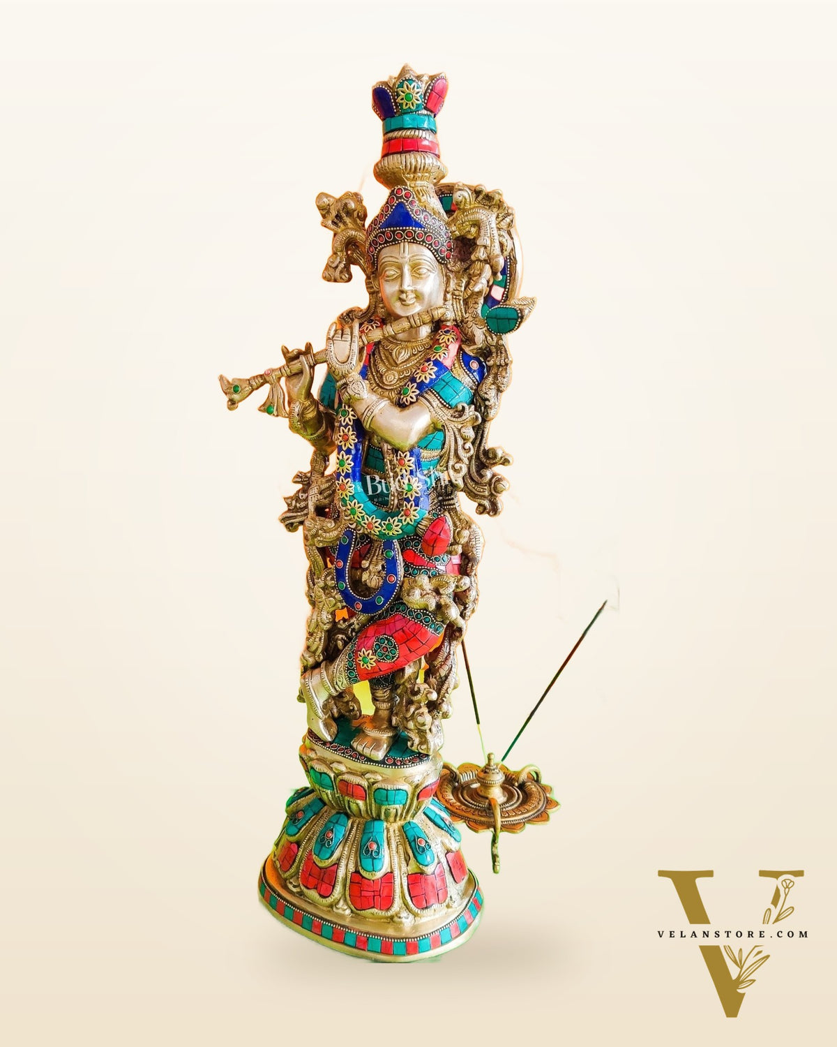 Divine Krishna Playing the Flute Statue with stonework 24 inch