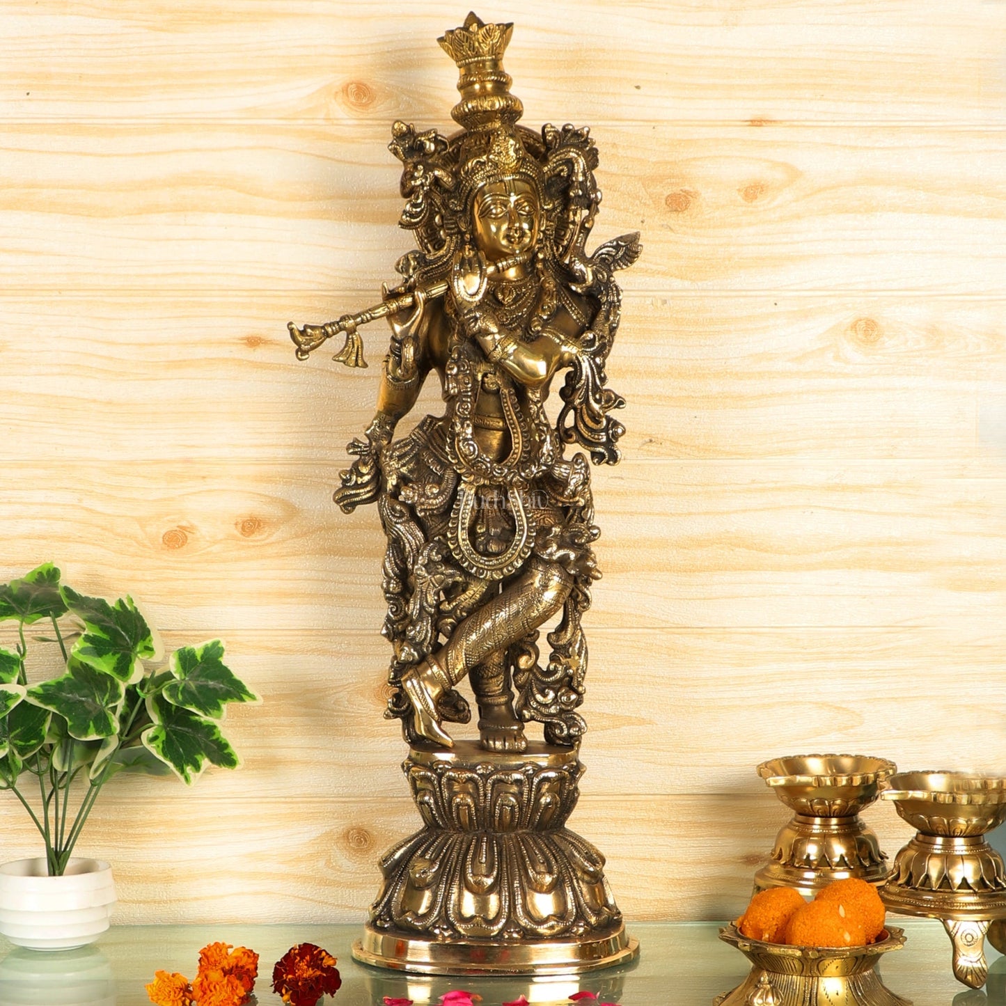 Divine Krishna Statue | Handcrafted in Fine Brass | Charcoal finish 24 inch