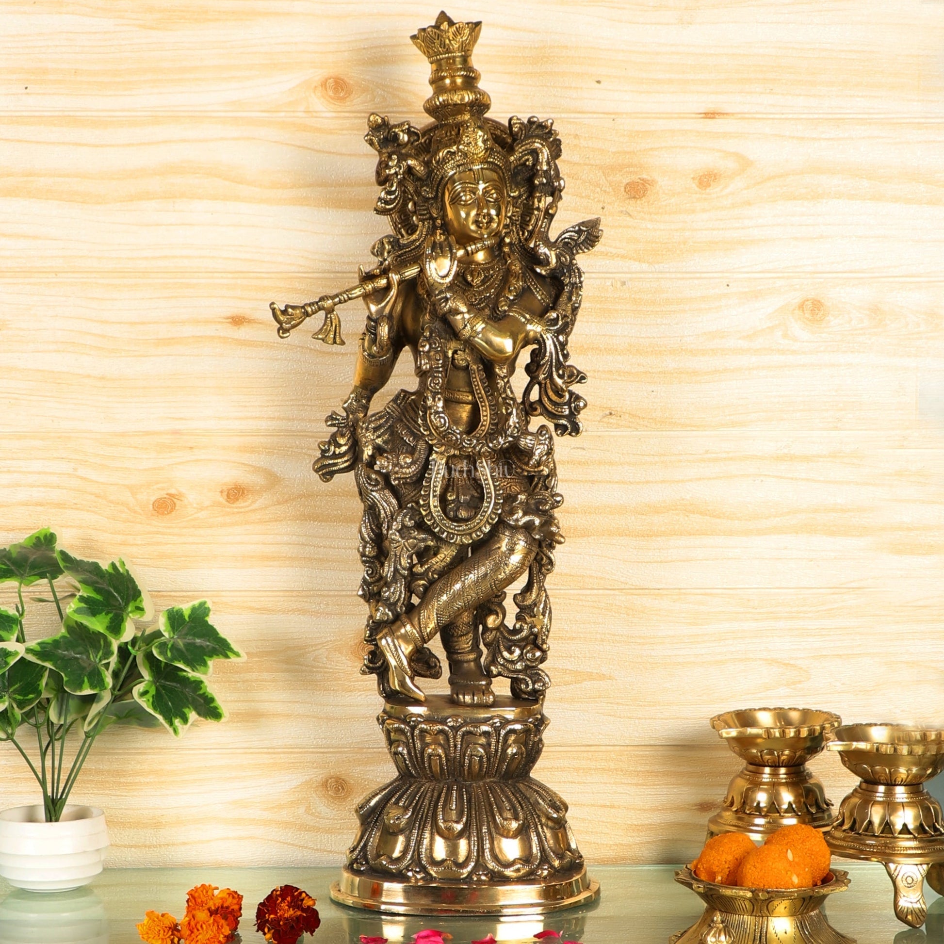 Divine Krishna Statue | Handcrafted in Fine Brass | Charcoal finish 24 inch