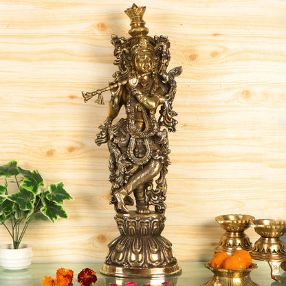 Divine Krishna Statue | Handcrafted in Fine Brass | Charcoal finish 24 inch